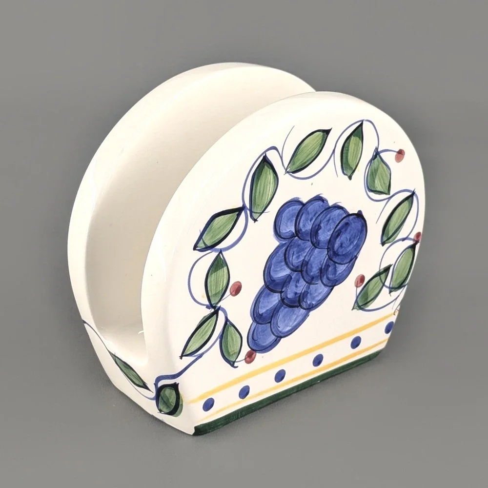 Vintage Hand Painted Ceramic Fruit Napkin Holder Grapes Pear Kitchen Decor